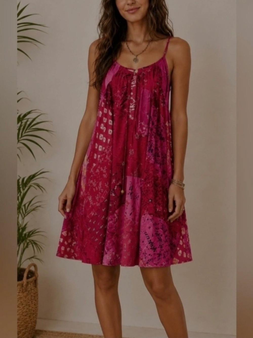 Boho Pink Patchwork Mini Dress with Spaghetti Straps